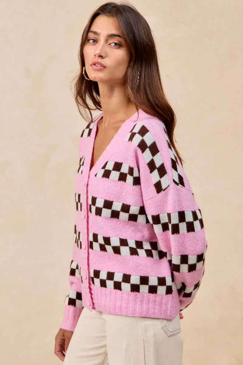breath easy Functional Waist IT4817-01 | CHECKER BOARD STRIPED SWEATER CARDIGAN WITH BUTTON