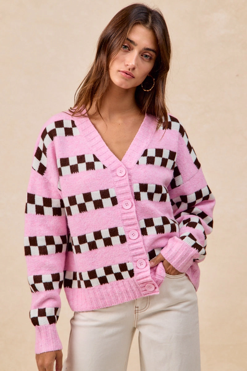 Minimalist-Style IT4817-01 | CHECKER BOARD STRIPED SWEATER CARDIGAN WITH BUTTON