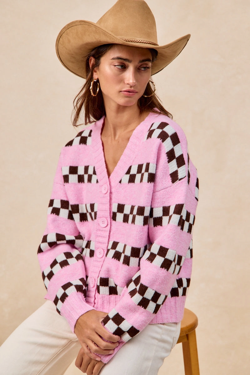 Dance Night IT4817-01 | CHECKER BOARD STRIPED SWEATER CARDIGAN WITH BUTTON