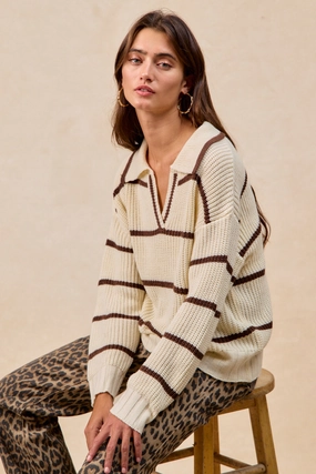 IT4819-01 | CONTRAST STRIPED V NECK SWEATER TOP Bright Mood Timeless Beauty