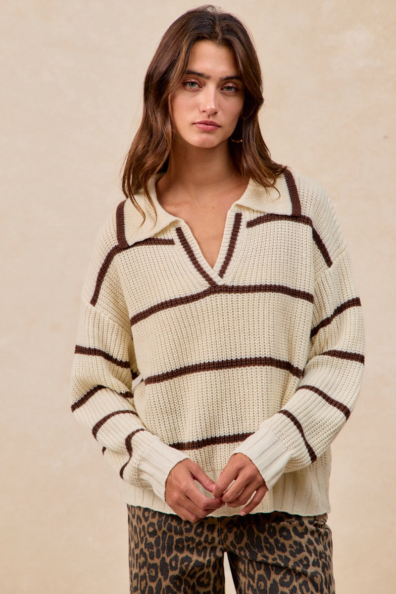 IT4819-01 | CONTRAST STRIPED V NECK SWEATER TOP Dew Glow