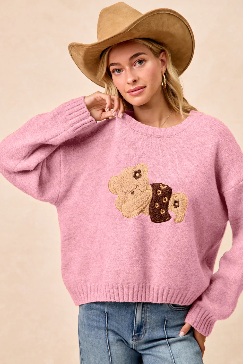 Crisp Detail City Wear IT4822-01 | TEDDY BEAR PATCHED SWEATER TOP