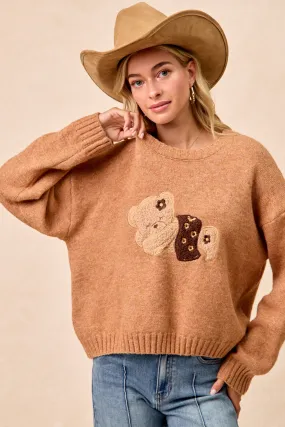 Sleek Utility Neutral Look IT4822-01 | TEDDY BEAR PATCHED SWEATER TOP