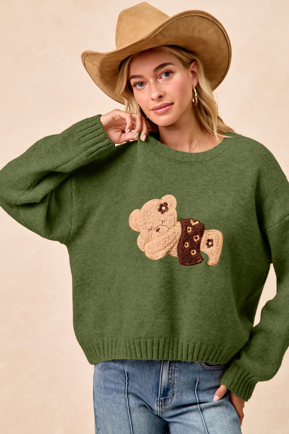 Insulated Warmth IT4822-01 | TEDDY BEAR PATCHED SWEATER TOP