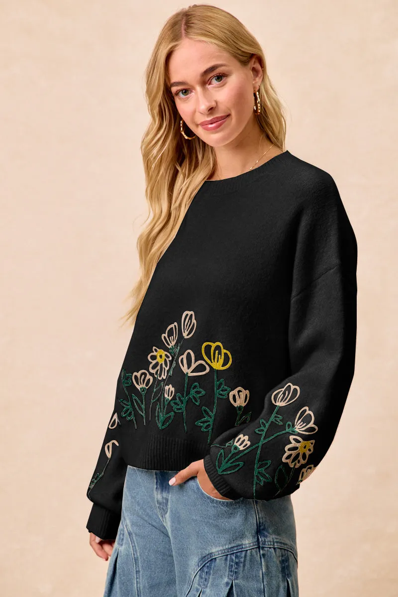 Clean Silhouette IT4824-01 | FLOWER EMBROIDERED SWEATER TOP