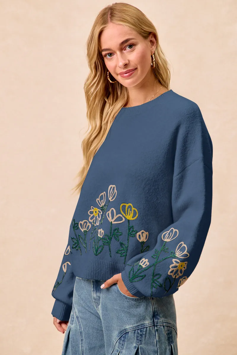 IT4824-01 | FLOWER EMBROIDERED SWEATER TOP Airy Layer Fit