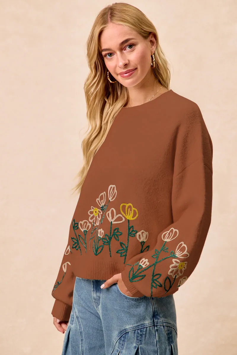 IT4824-01 | FLOWER EMBROIDERED SWEATER TOP Casual Classic