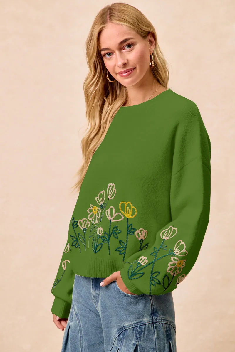 Casual City Style Staple IT4824-01 | FLOWER EMBROIDERED SWEATER TOP