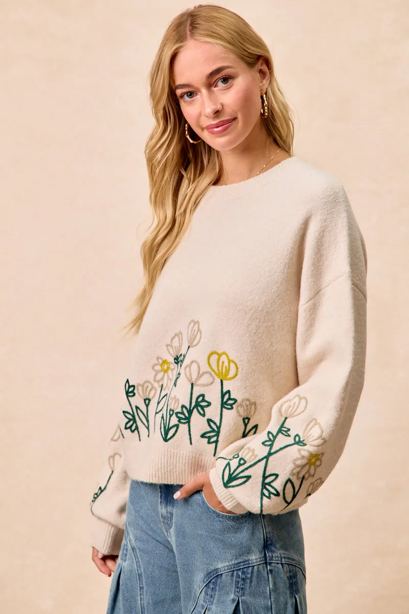 IT4824-01 | FLOWER EMBROIDERED SWEATER TOP Cold Resist Stretch Comfort