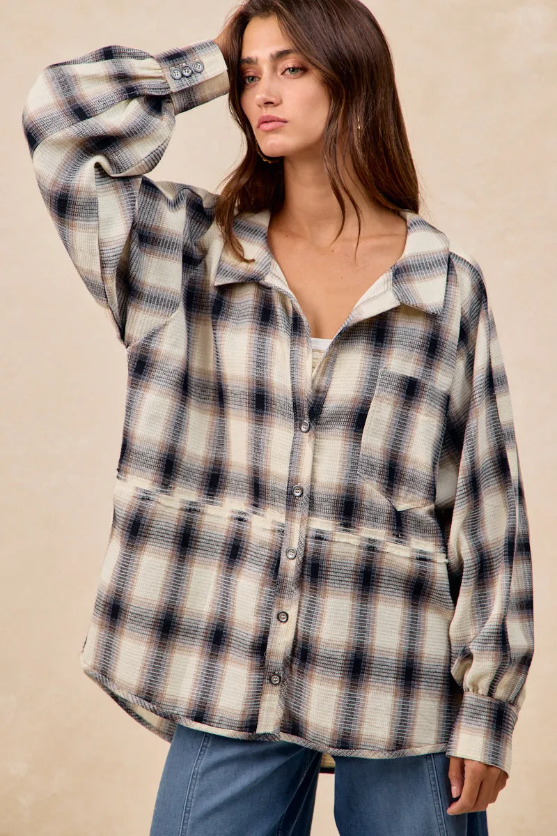 Stylish Chill Piece IT4834G-01 | CHECK PATTERN WAFFLE TEXTURE WOVEN SHIRT