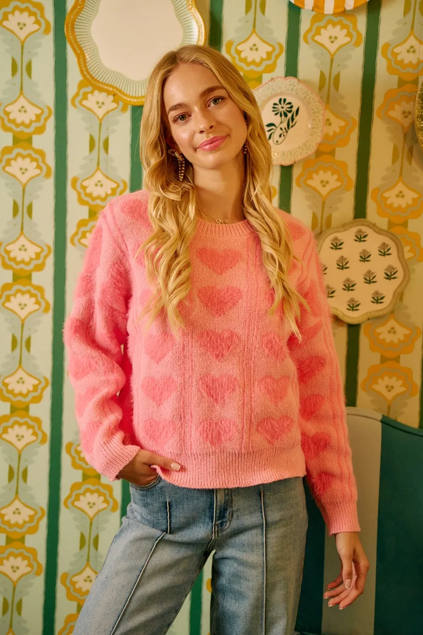 IT4843-01 | VALENTINES THEME FLUFFY HEART ARTWORK SWEATER TOP Detachable Hood Winter Fashion