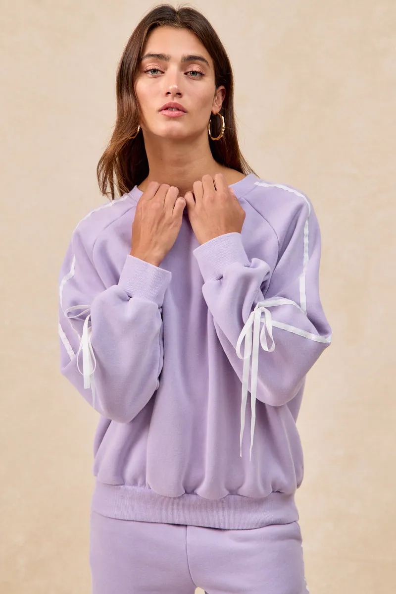 Adjustable Belt Modern City Outfit IT4866G-01 | SIDE LINED BOW DETAILS WASHED FLEECE SWEATSHIRT