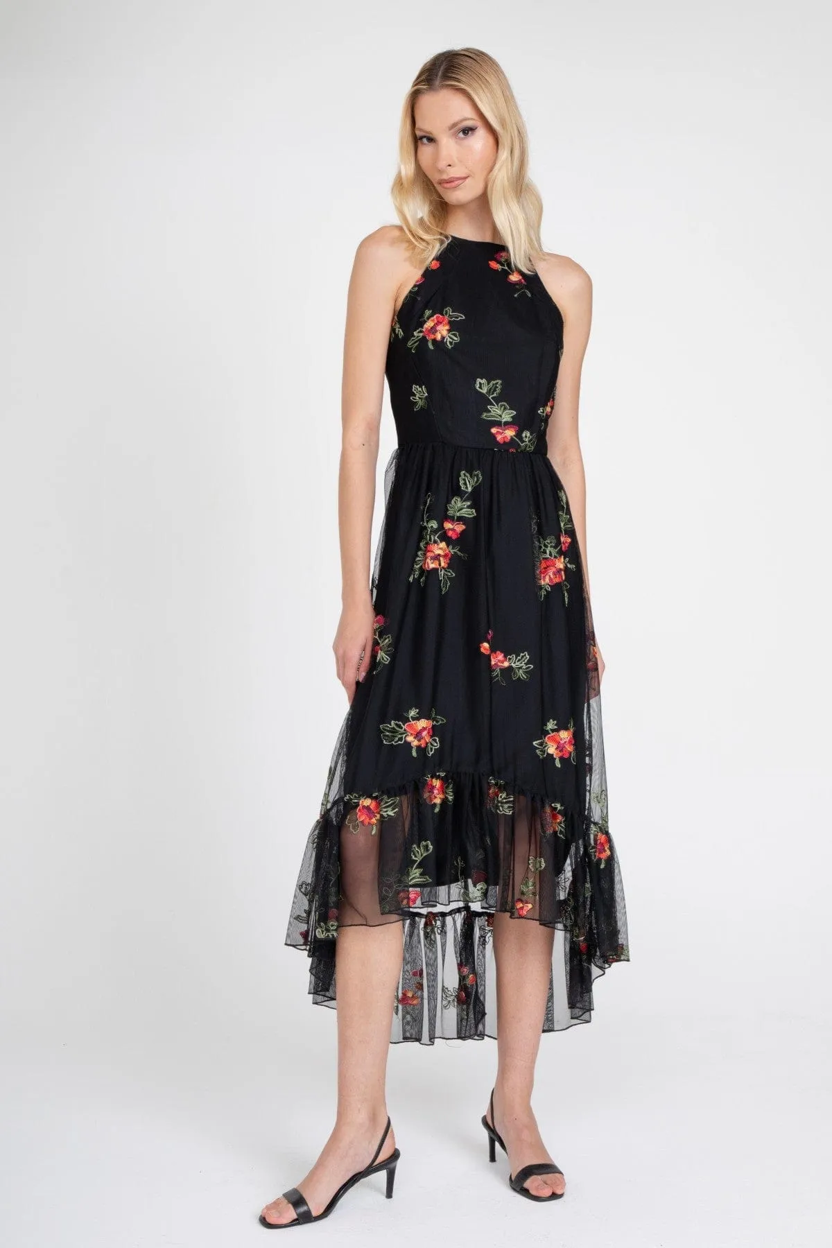 Jennie Dress  Black Mesh Floral Embroidery Sweet Style