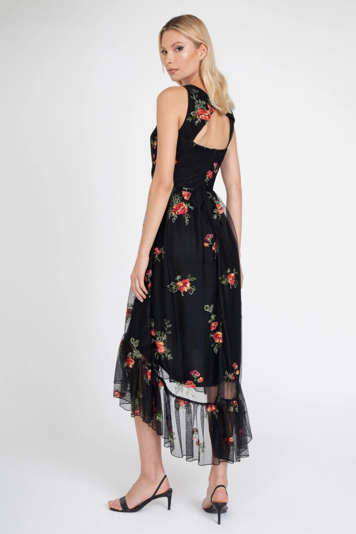 Jennie Dress  Black Mesh Floral Embroidery Sweet Style