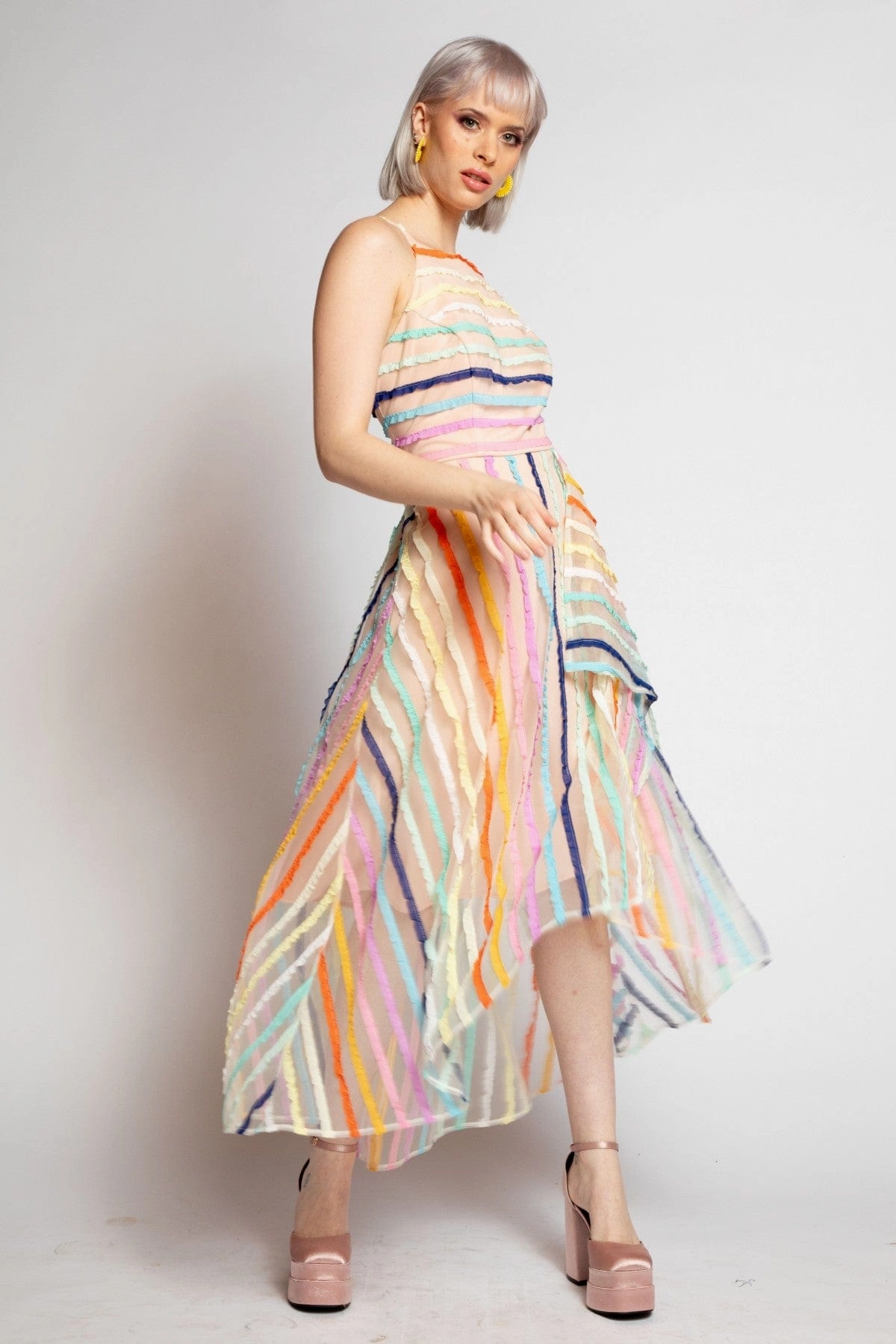 Jennie Dress - Rainbow Stripe Elegant Details Lace Fine