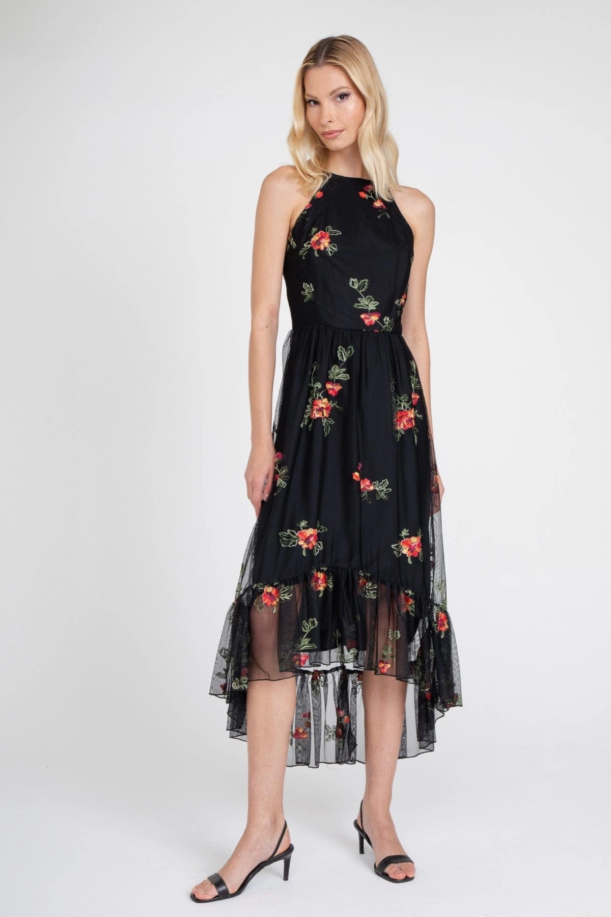 Jennie Dress  Black Mesh Floral Embroidery Sweet Style