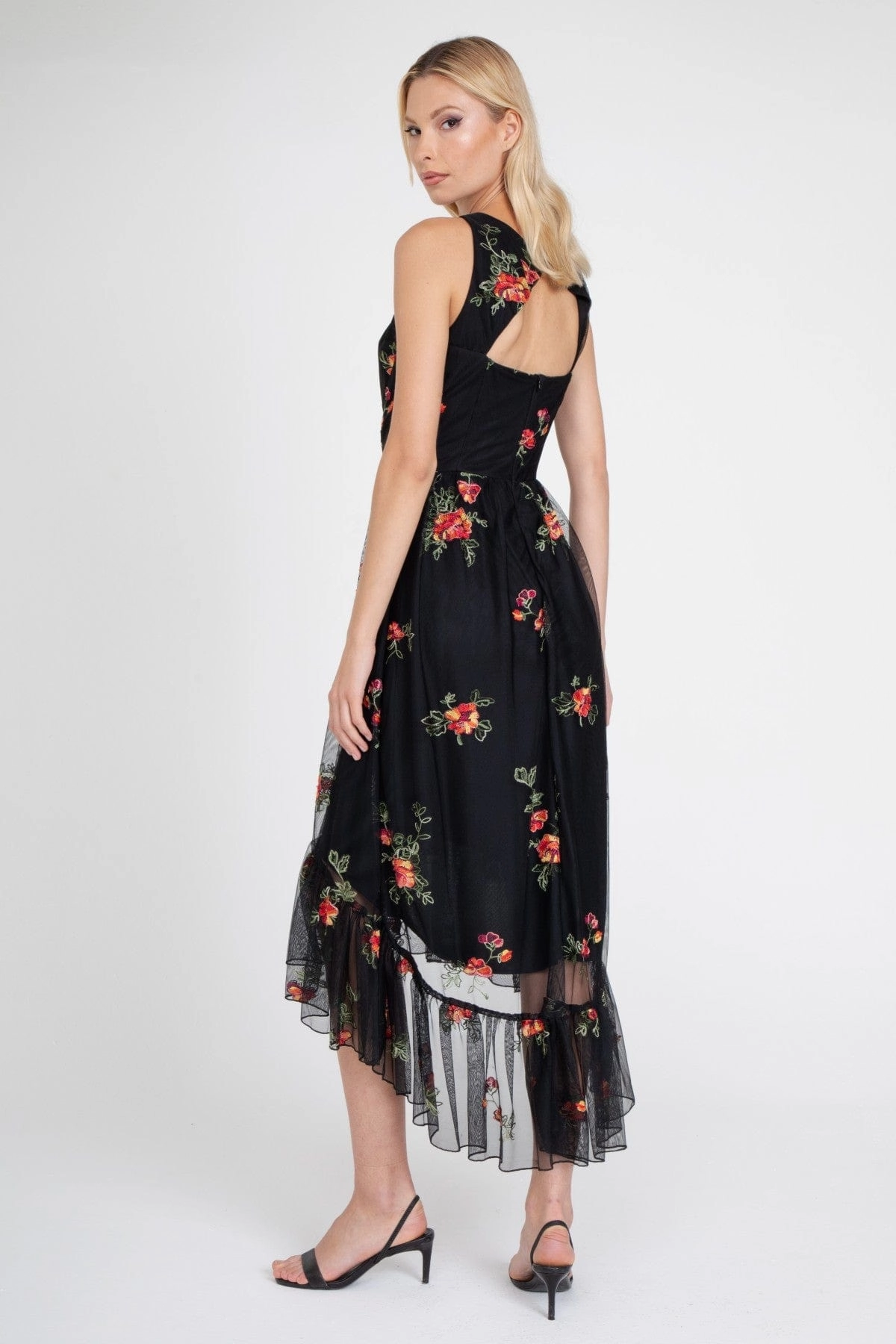Jennie Dress  Black Mesh Floral Embroidery Sweet Style