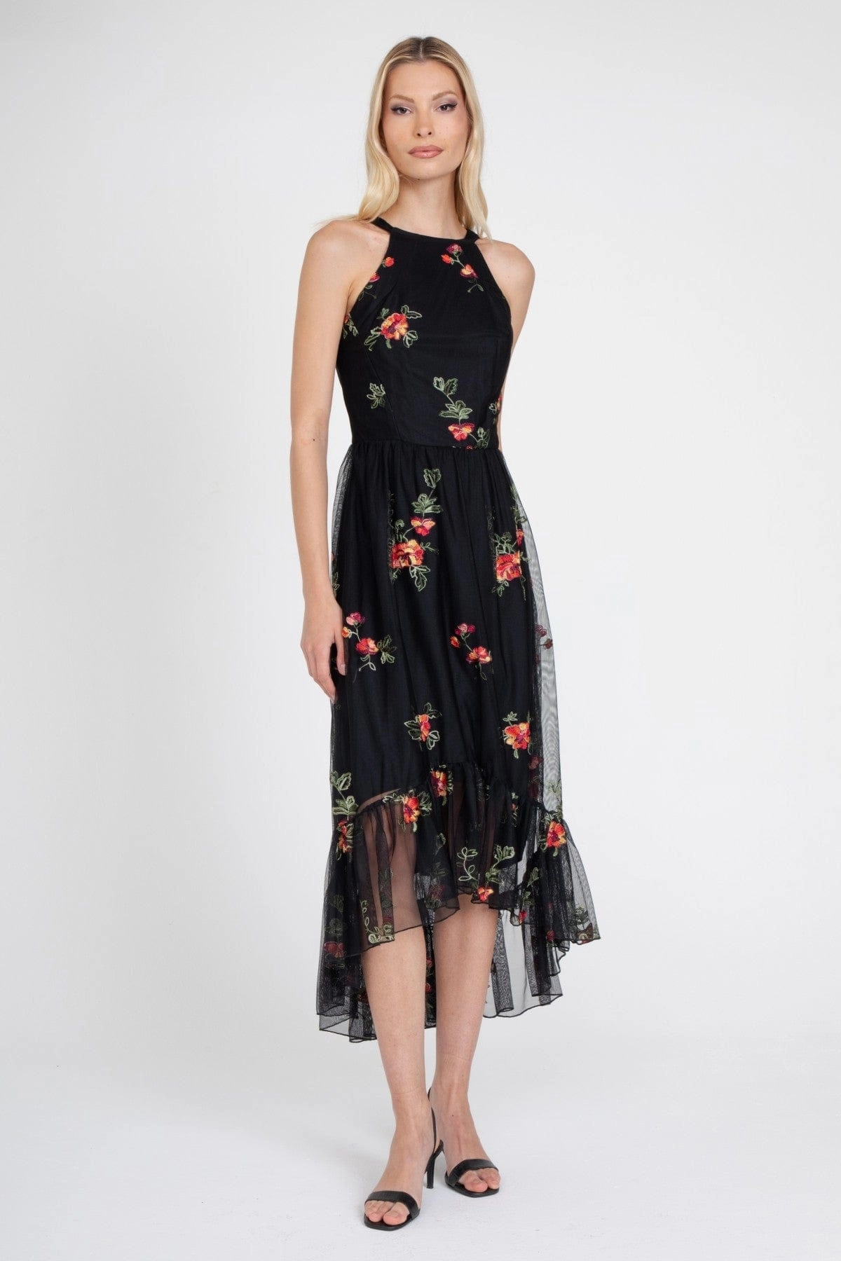 Jennie Dress  Black Mesh Floral Embroidery Sweet Style