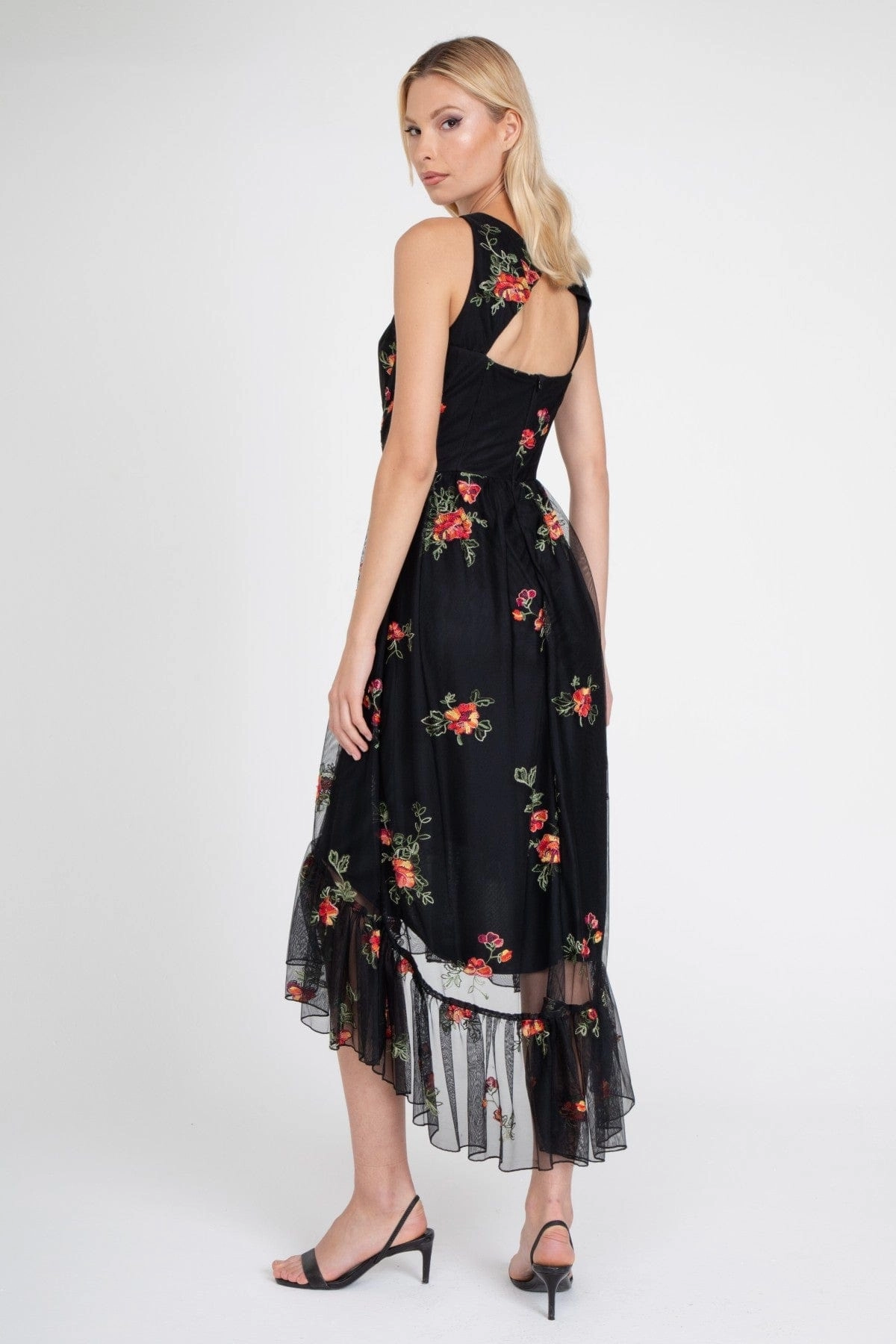 Jennie Dress  Black Mesh Floral Embroidery Sweet Style