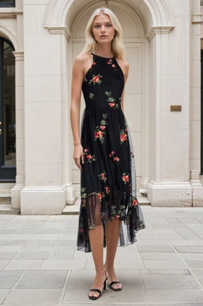 Jennie Dress  Black Mesh Floral Embroidery Cotton Glow