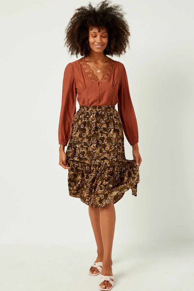 Classic Cut Adjustable drawstring Floral Print Ruffle Tiered Skirt