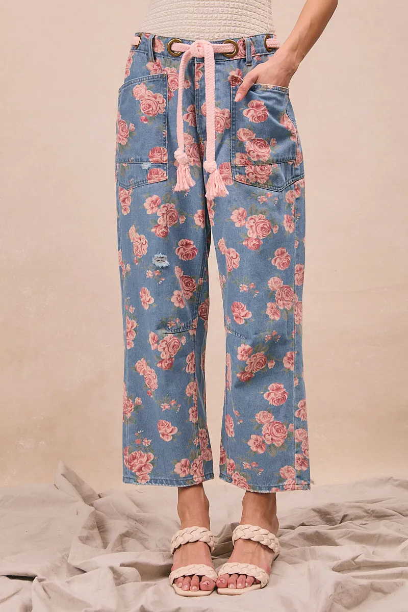 Hidden pockets Easy Movement IB1537G-05P | BRAIDED WAIST BELT PATCH POCKETS FLORAL PRINT DENIM PANTS