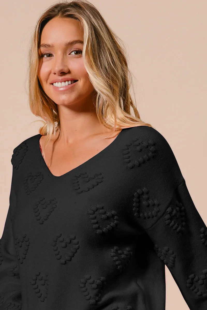 Structured fabric Urban Style IT3072-01 | VALENTINES HEART POMPOM SWEATER V NECK TOP