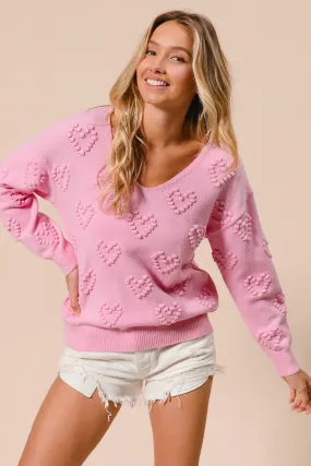 Outdoor Friendly IT3072-01 | VALENTINES HEART POMPOM SWEATER V NECK TOP