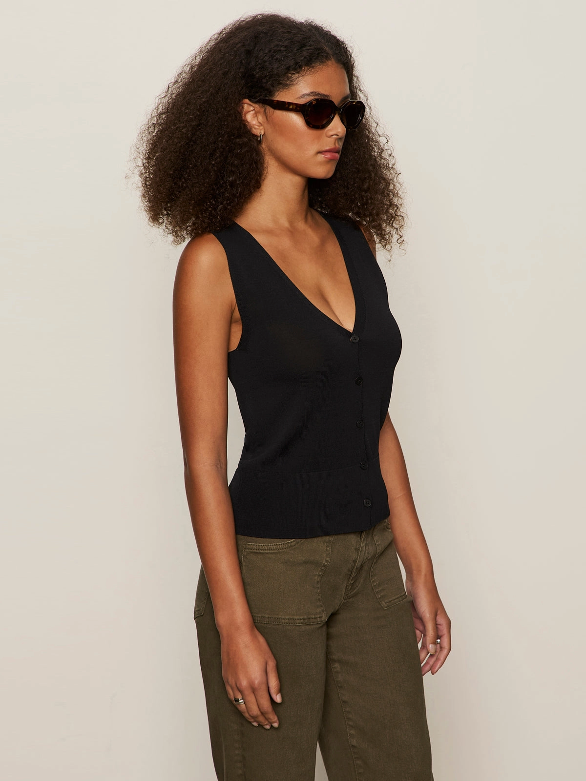 Knitted Button Front Top Black Warm Texture