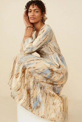 Neutral Finish Shape Hug Oil Print Long Sleeve Gathered Bust Dress