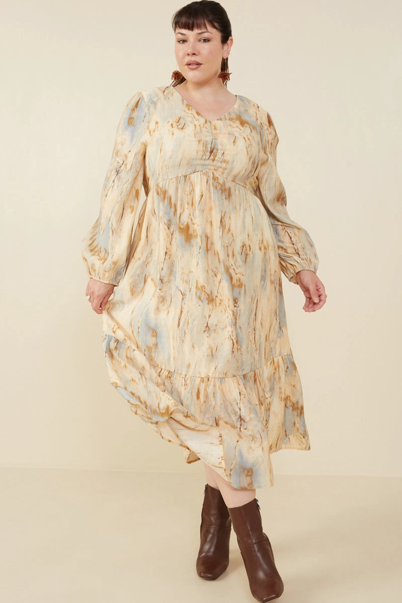 Texture Softness Oil Print Long Sleeve Gathered Bust Dress