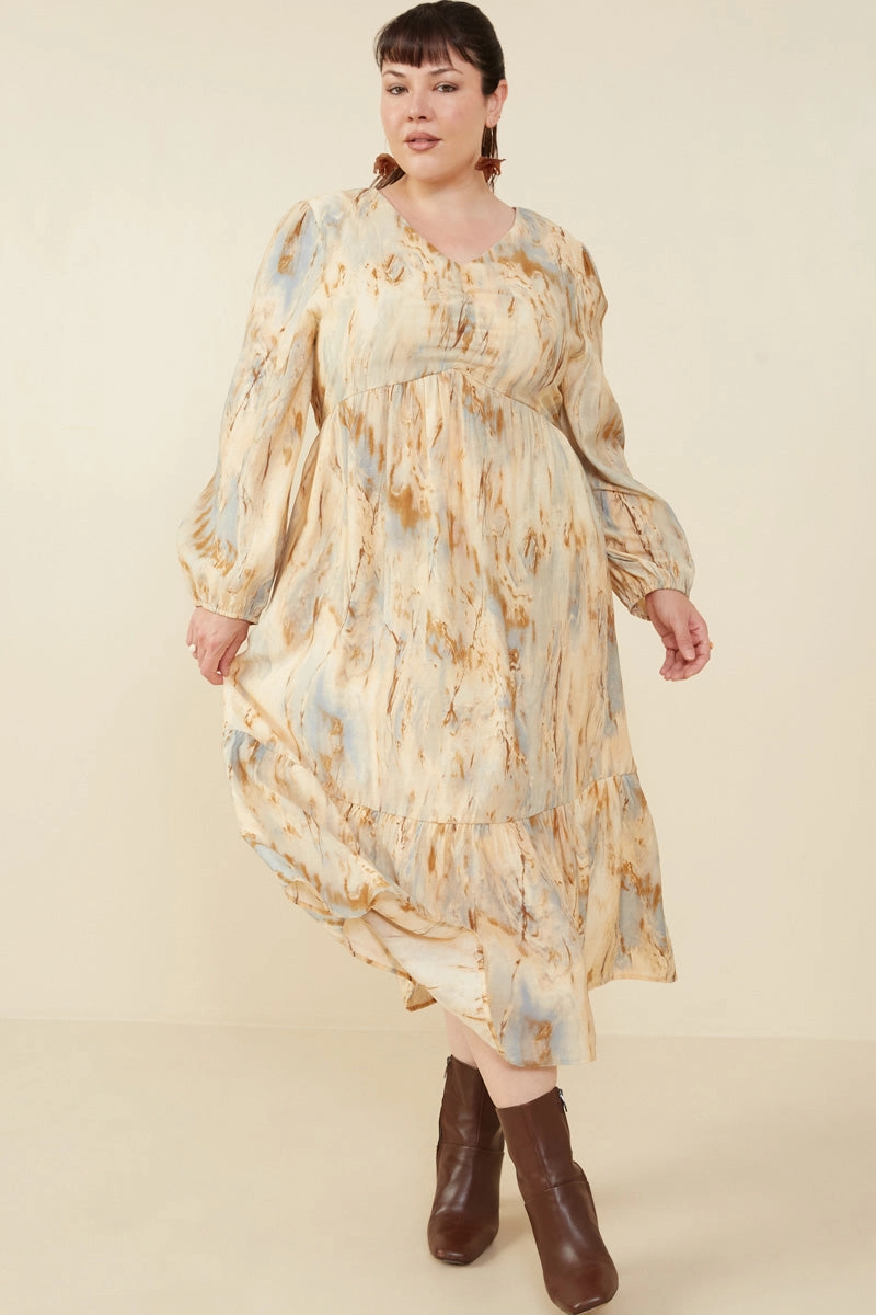 Chic formal attire A Line Cut Oil Print Long Sleeve Gathered Bust Dress