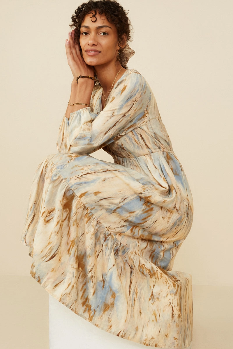 Timeless boho dress Oil Print Long Sleeve Gathered Bust Dress