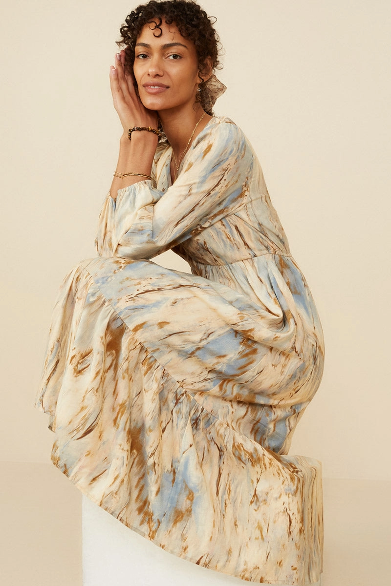 Oil Print Long Sleeve Gathered Bust Dress Music-Concert Romantic dinner wear