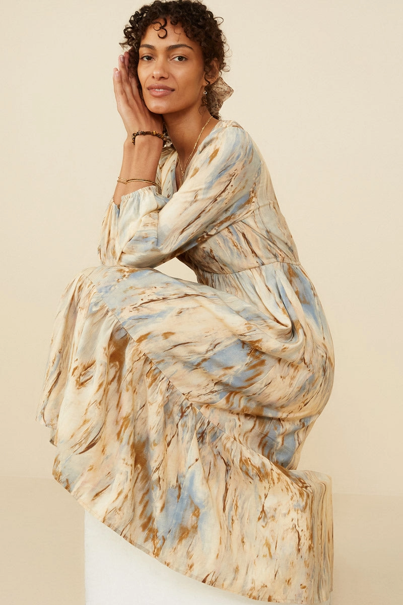 Neutral Finish Shape Hug Oil Print Long Sleeve Gathered Bust Dress