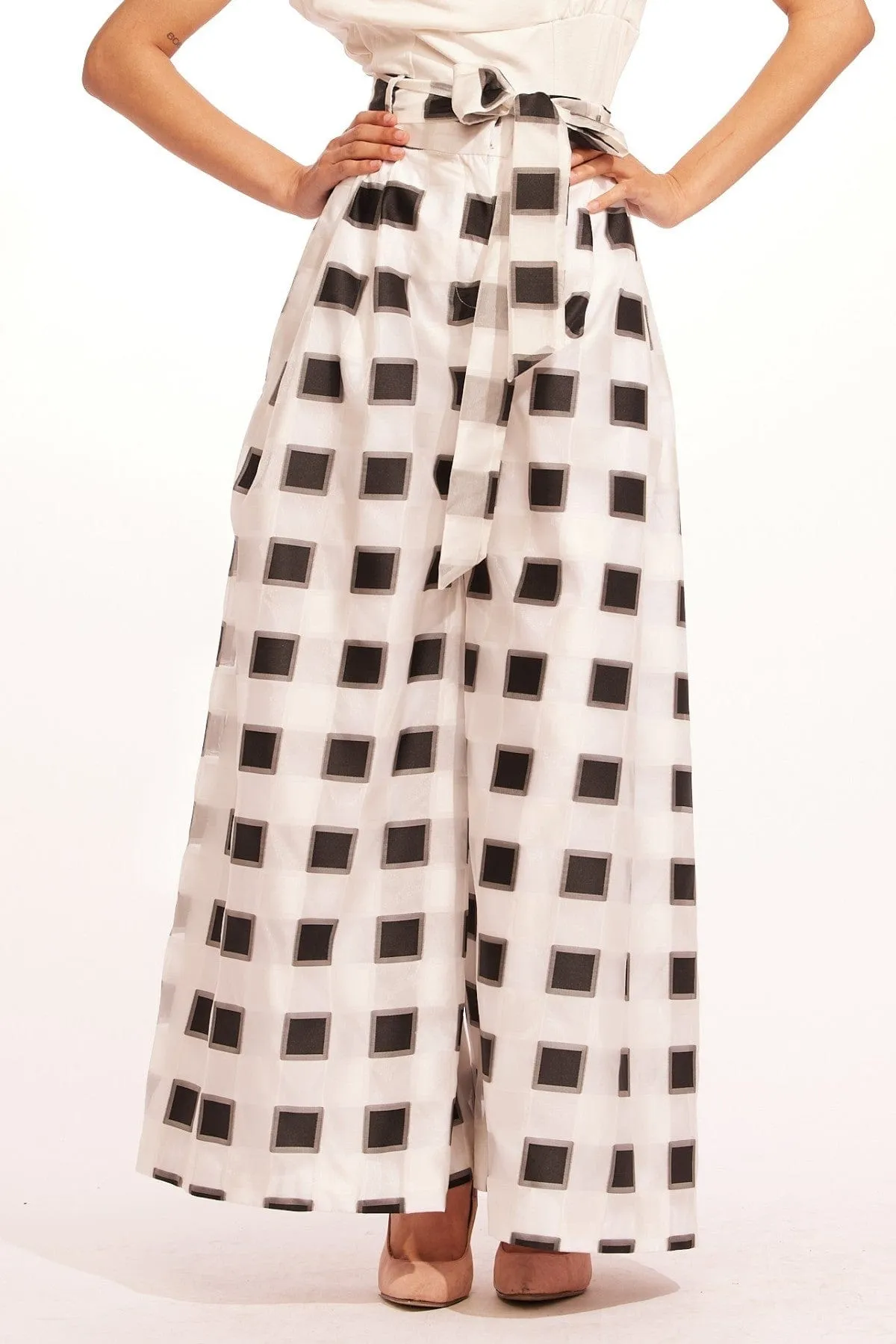 Korean-style Belted Wide-Leg Pants - Black and White Check