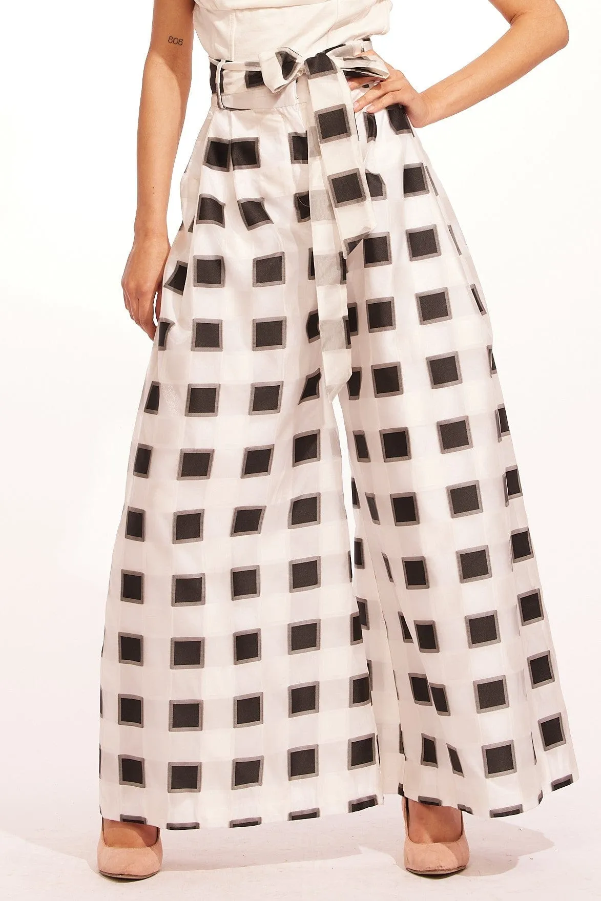 Korean-style Belted Wide-Leg Pants - Black and White Check