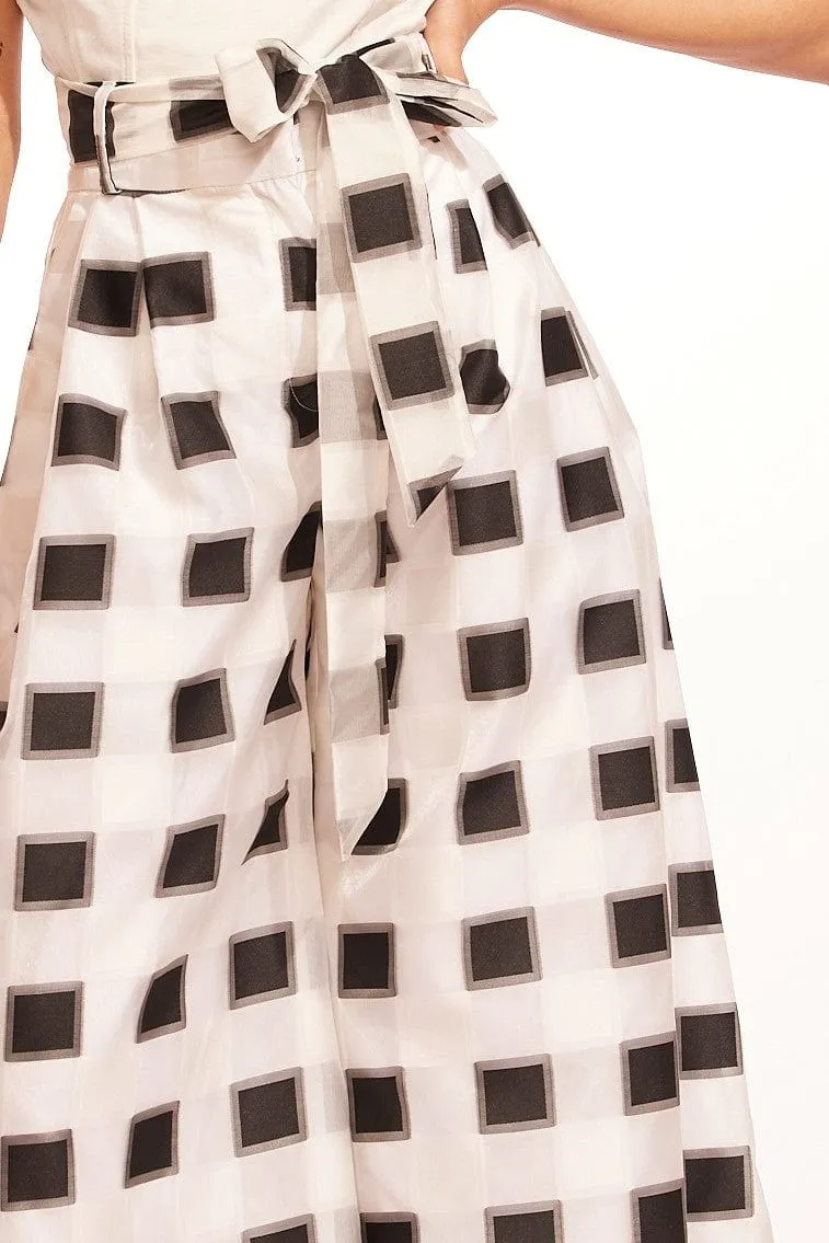 Korean-style Belted Wide-Leg Pants - Black and White Check