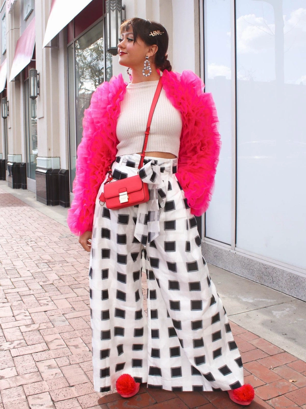 Korean-style Belted Wide-Leg Pants - Black and White Check