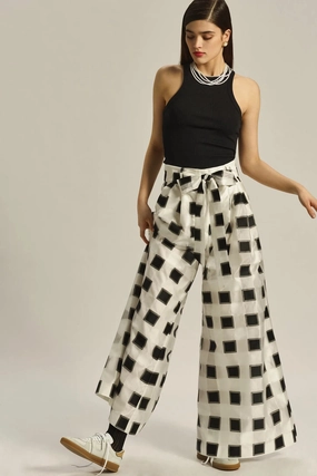 Office Chic Belted Wide-Leg Pants - Black and White Check