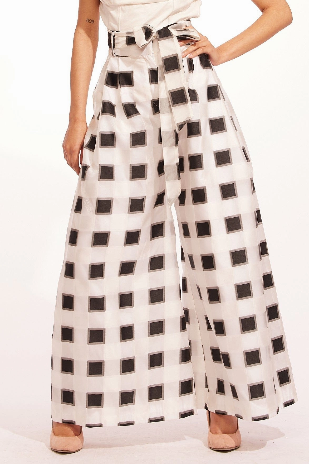 Korean-style Belted Wide-Leg Pants - Black and White Check