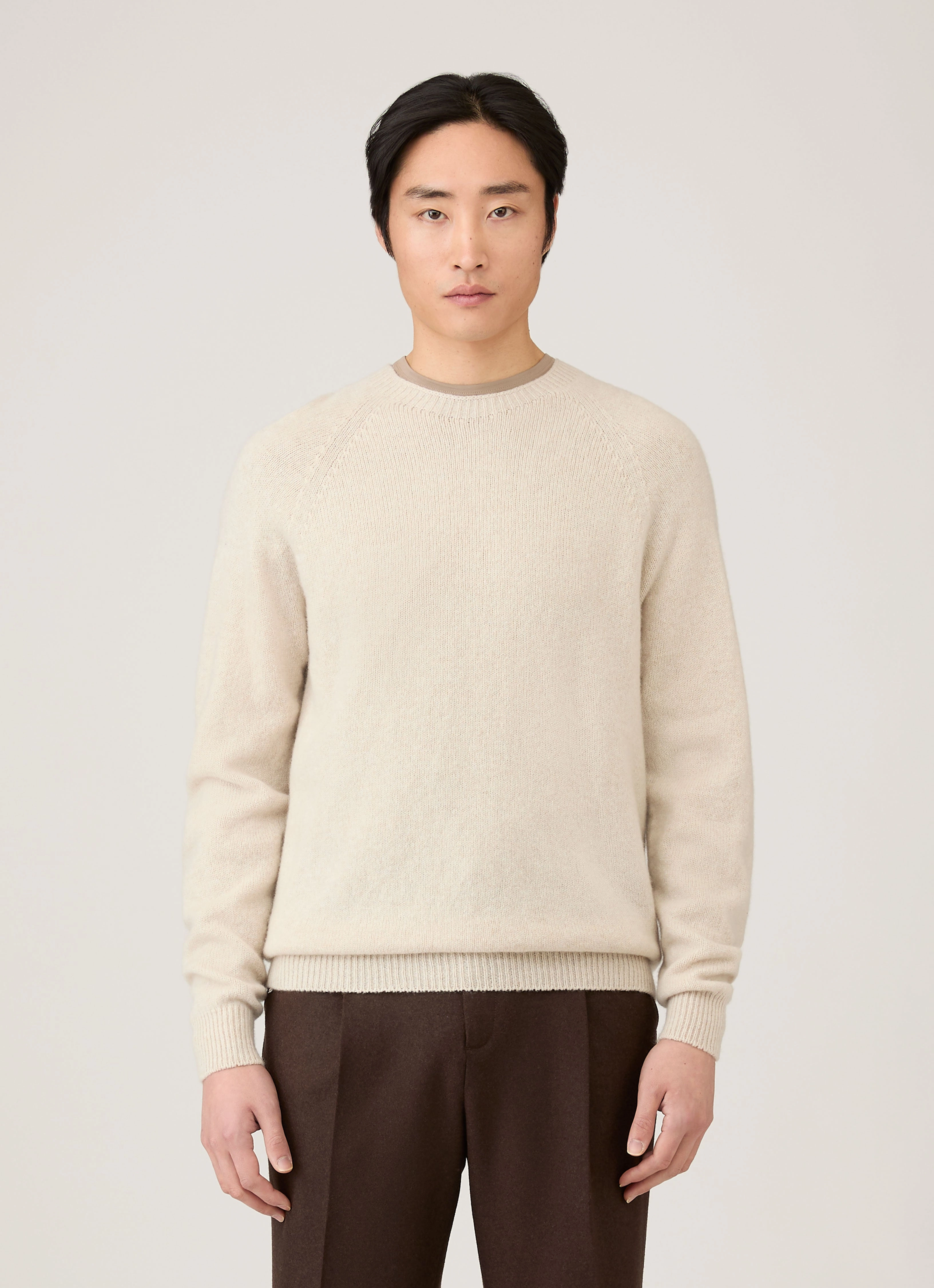 Korean Trendy Men's Lambswool Crew Neck Jumper in Oatmeal Melange