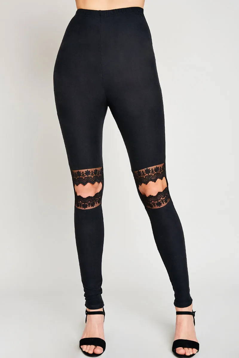 Straight Leg Modern Design Lace Cutout Brushed Leggings