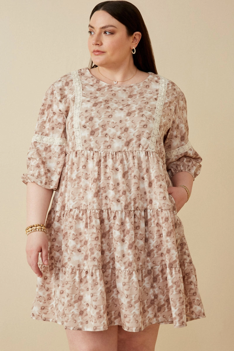 Lace Trimmed Floral Print Tiered Dress Beaded-Edge Delicate Mood