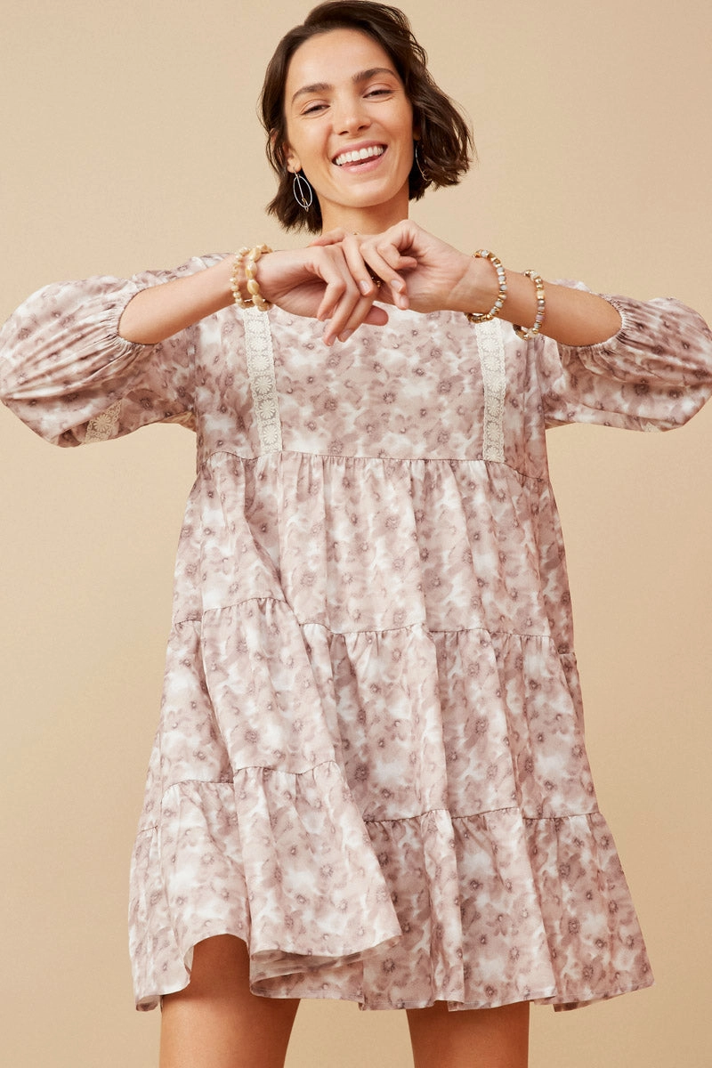 Feminine full-length gown Modern Look Lace Trimmed Floral Print Tiered Dress