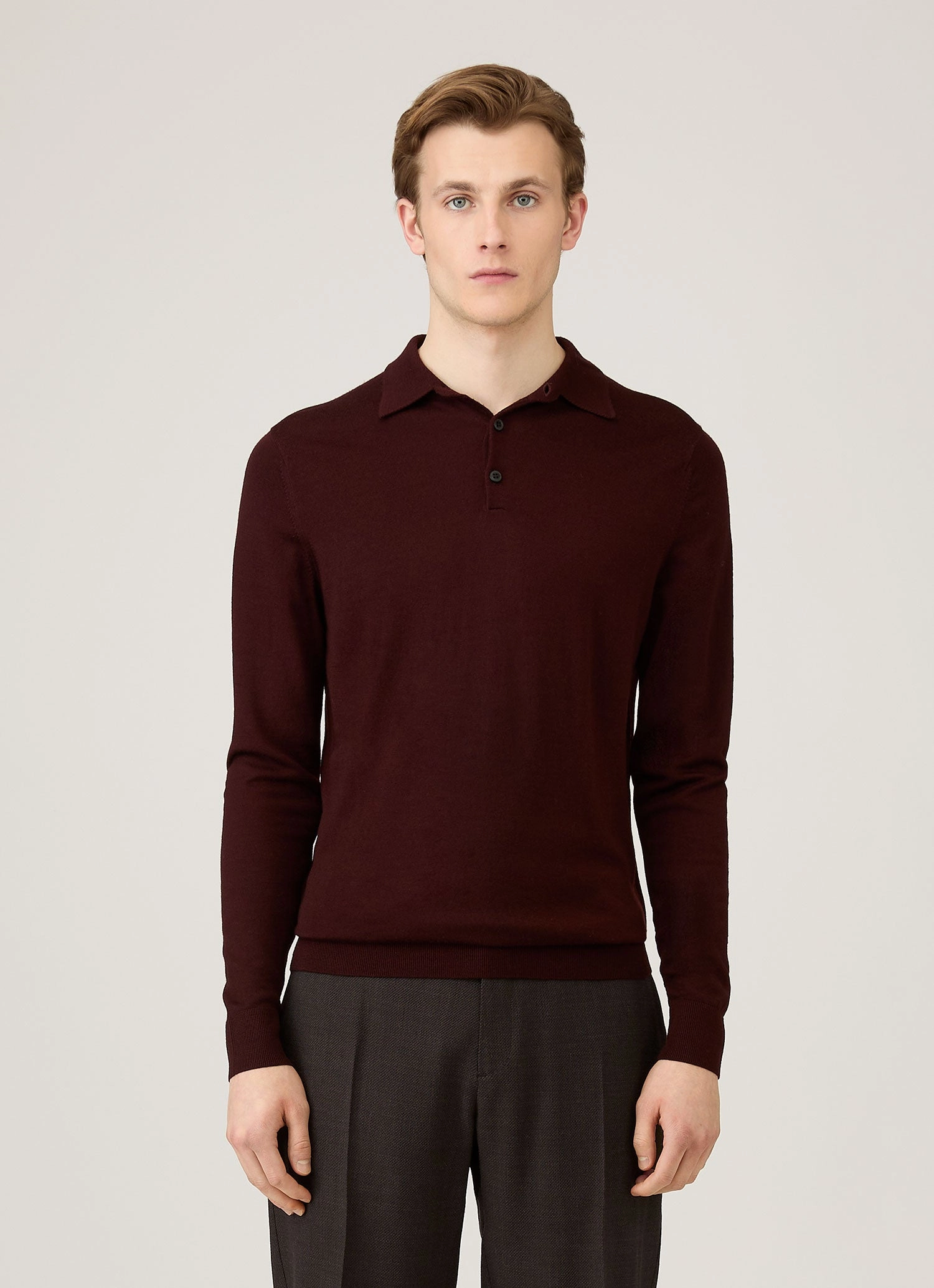 Lantern sleeve Men's Extra-Fine Merino Polo Shirt in Bakelite