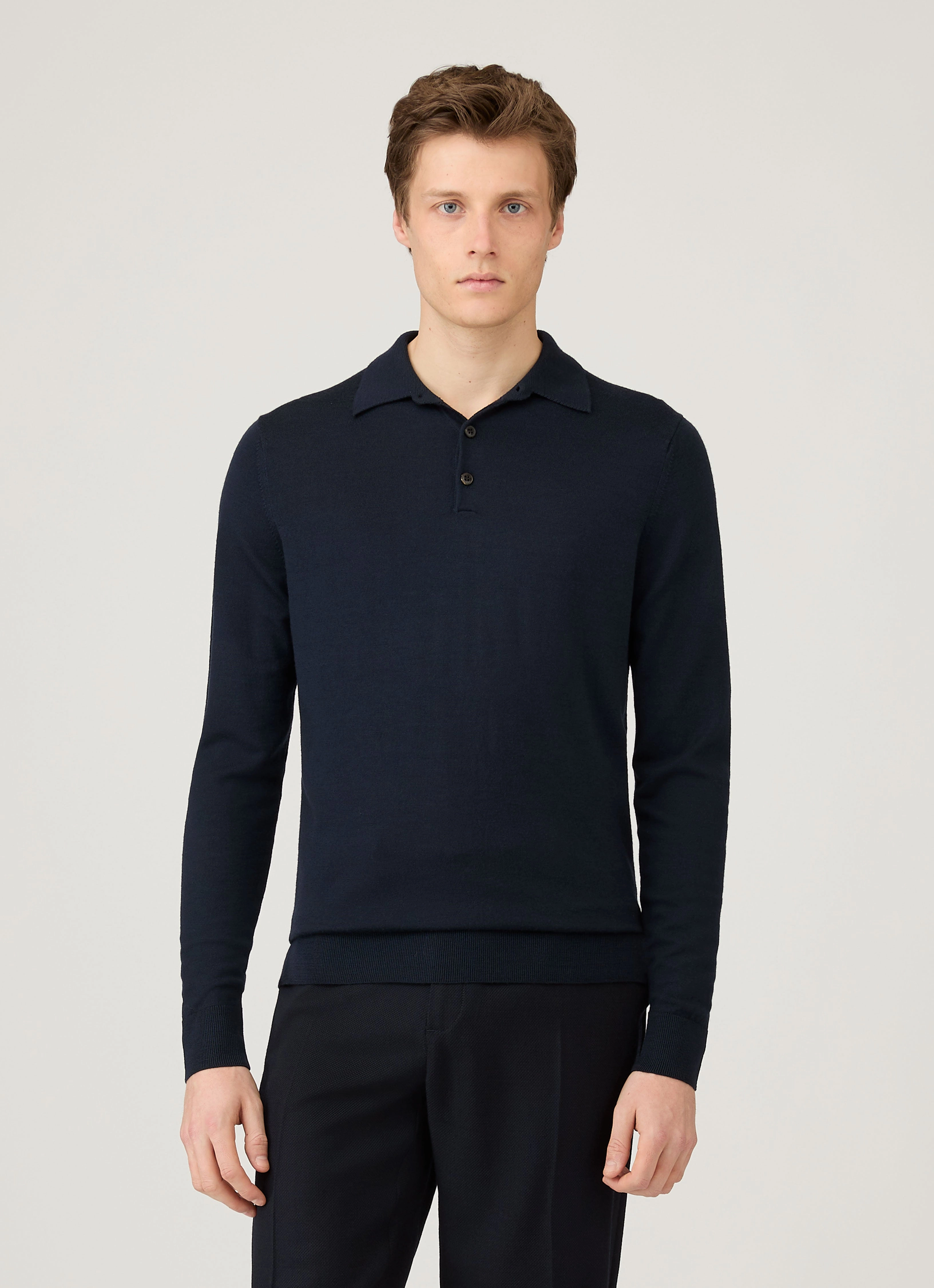 Lantern sleeve Men's Extra-Fine Merino Polo Shirt in Navy