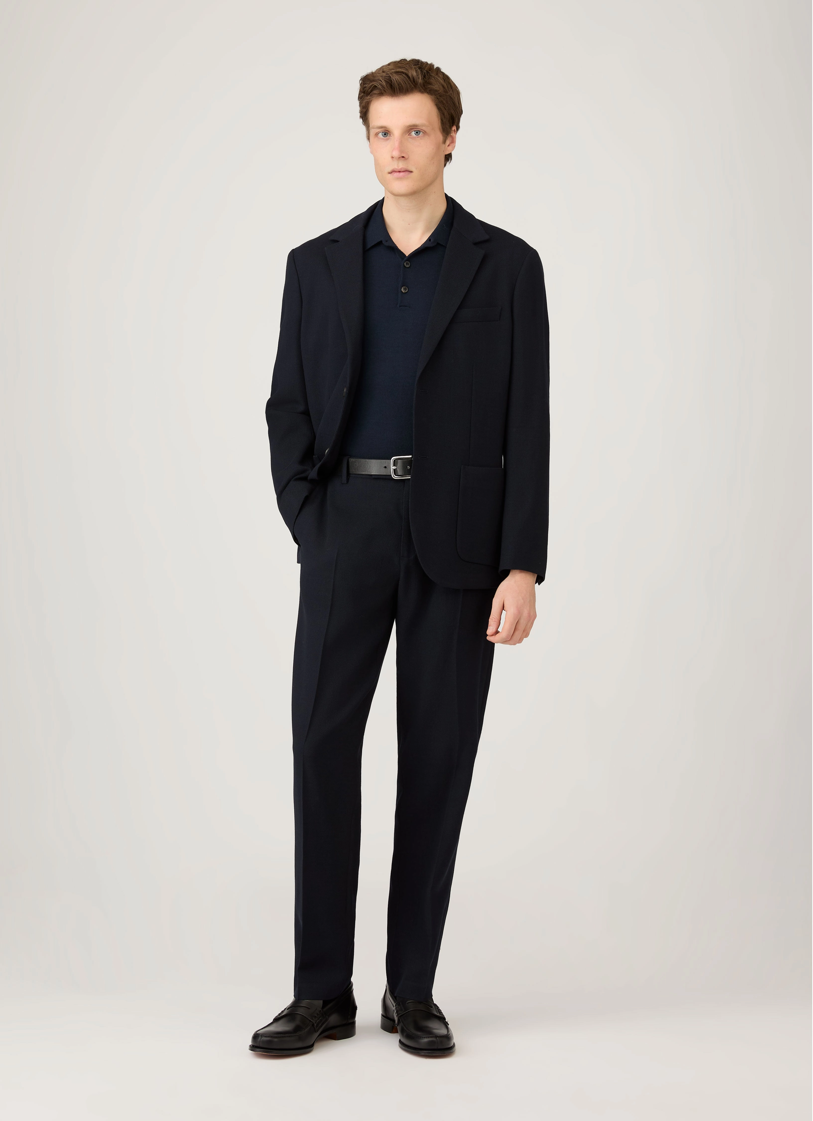 Lantern sleeve Men's Extra-Fine Merino Polo Shirt in Navy