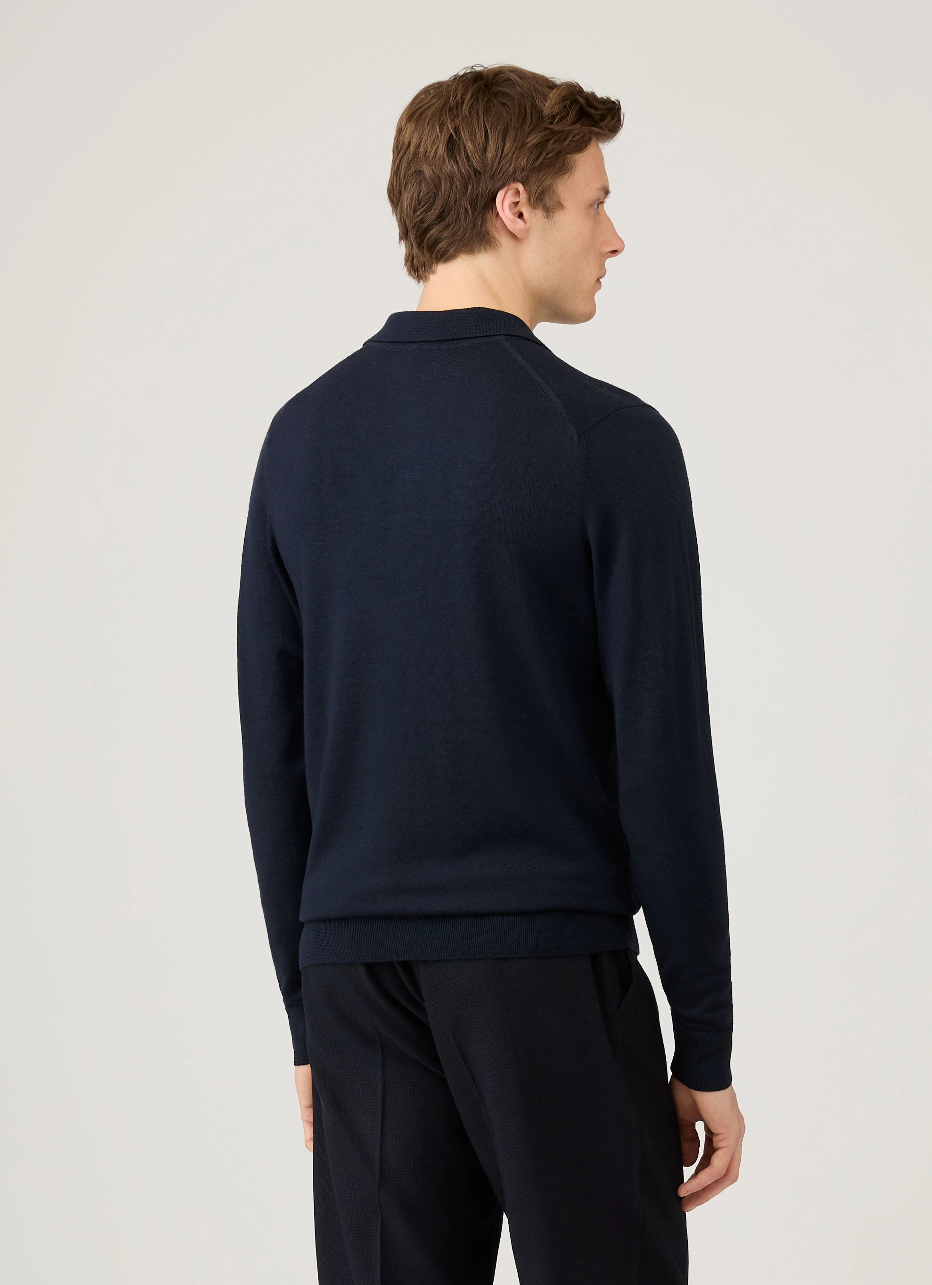 Lantern sleeve Men's Extra-Fine Merino Polo Shirt in Navy