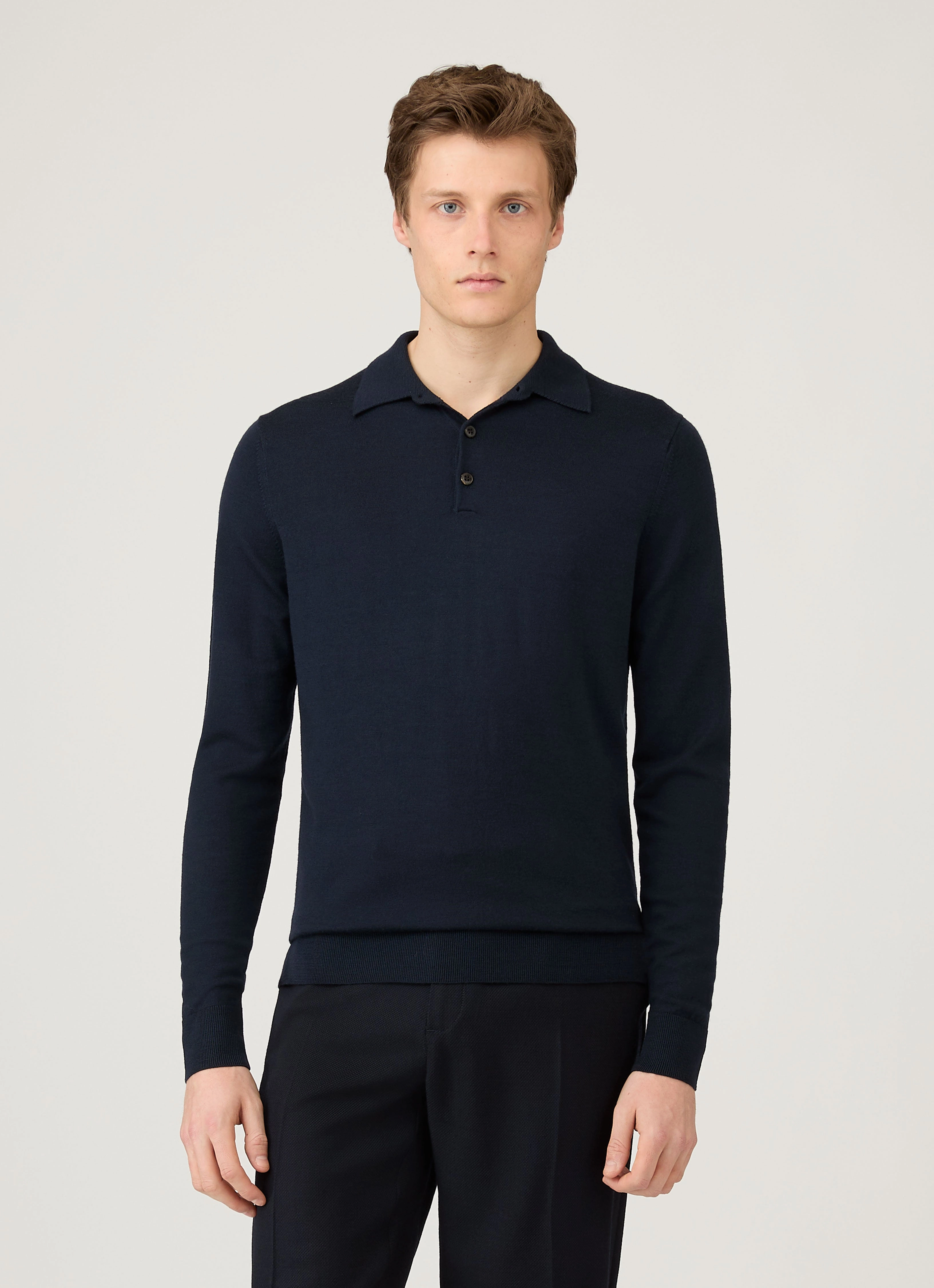 Lantern sleeve Men's Extra-Fine Merino Polo Shirt in Navy